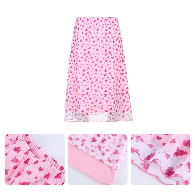 

28TF Women High Waist Layered Mesh Midi Long Skirt Gothic Harajuku Pink Floral Print A-Line Calf Length Kawaii Streetwear