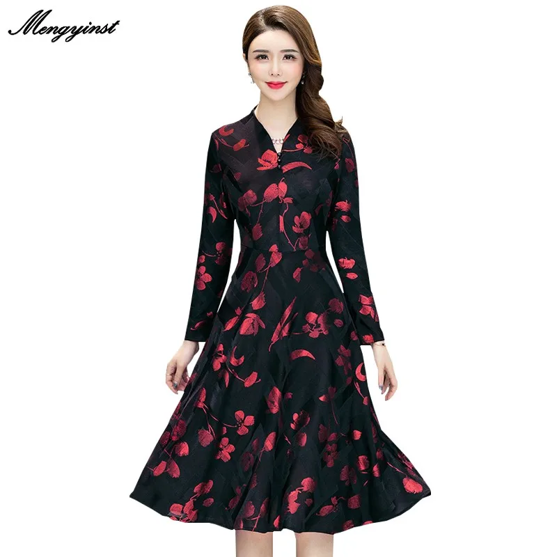 

Женское винтажное платье-трапеция с длинным рукавом и цветочным принтом