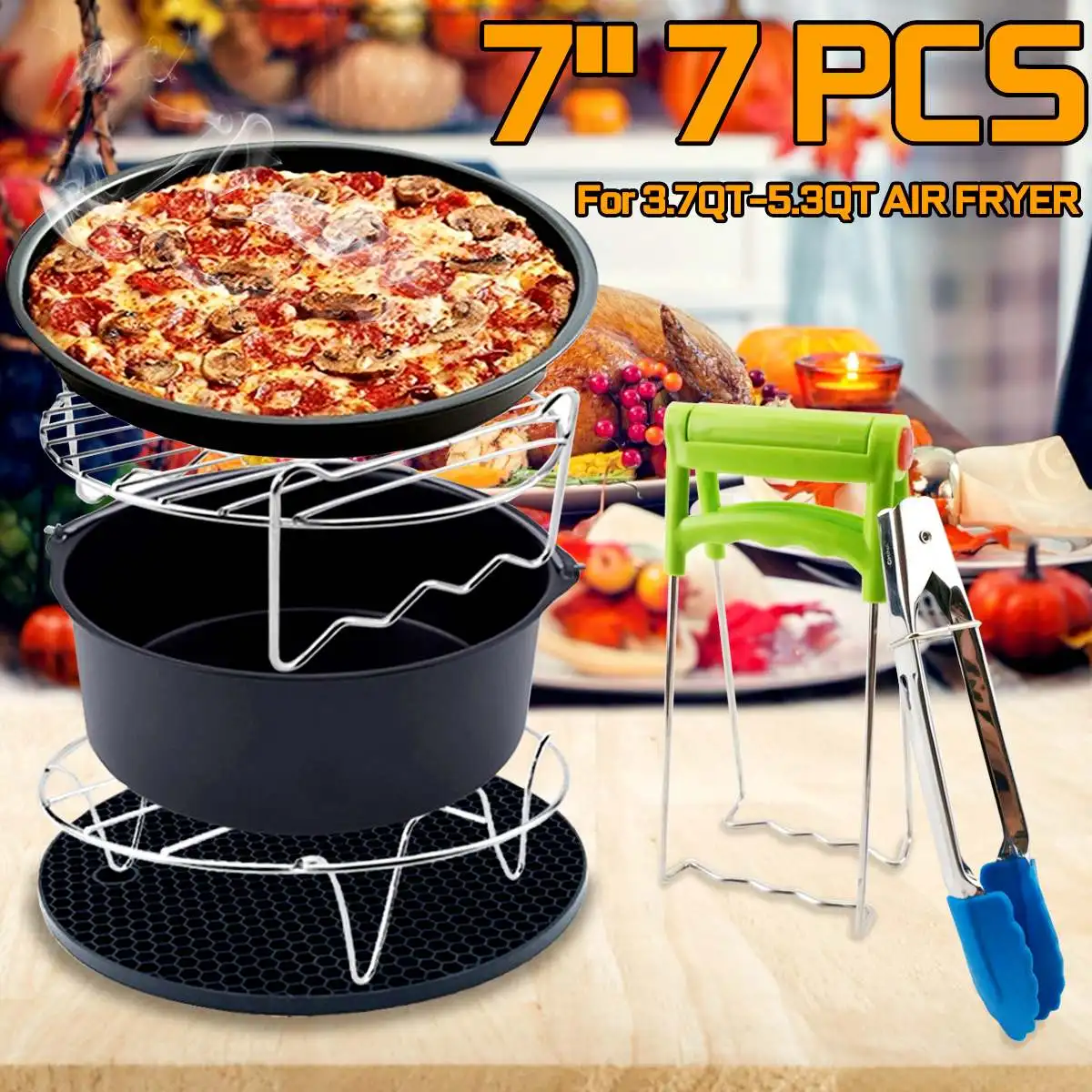 

7PCS Air Fryer Accessories Cooking Fit all Airfryer For 3.7QT-5.3QT Food Dish Plate Food Clip Pizza Pan Cake Barrel Silicone Mat