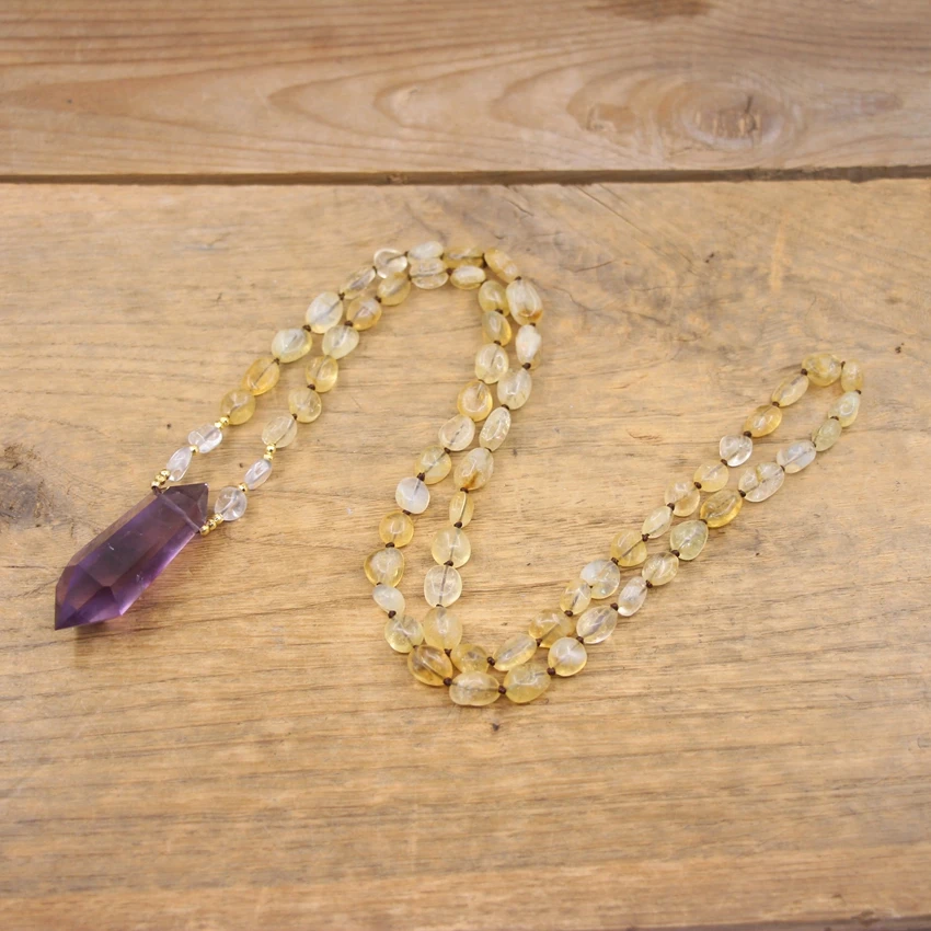 Faceted Amethysts Double Point Pendant Knotted Handmade Necklace Raw Citrines Yellow Quartz Bead Yoga Mala Prayer Jewelry,QC0144