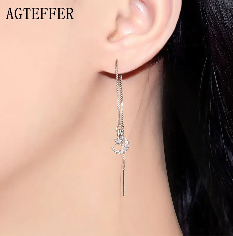 

AGTEFFER 925 Sterling Silver Fashion Elegant Temperament Asymmetry Of Stars And Moon Earrings For Women Wedding Jewelry Gift