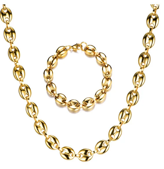 set gold Мужские ожерелья кофейные бобы цепи браслеты набор из нержавеющей стали 11 см золото/серебро звено цепи хип-хоп ювелирные изделия USENSET - Окраска металла: set gold