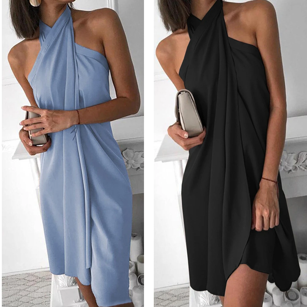 

2021 Simple Pure Color Hanging Neck Loose Irregular Casual Beach Dress Casual Ladies Dress Sleeveless Temperament Dress