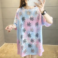 casual style hollow out female cotton shirt design leaf print loose womens blouse and tops funny t shirts women tee shirt femme