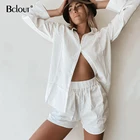 Bclout хлопковый Повседневный Белый однотонный комплект из двух предметов, топ с отложным воротником и шорты с эластичным поясом, офисный костюм, 2021