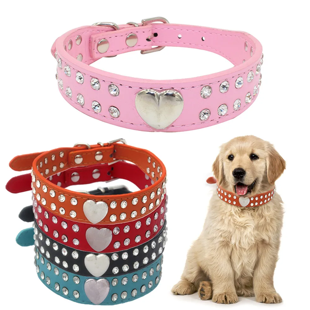 

Small Cats Dogs PU Leather Collars Bling Rhinestone For Pet Puppy Necklace Chihuahua Adjustable Collar Supplies