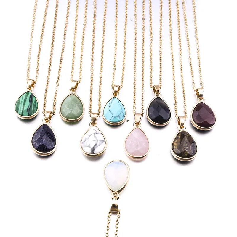 

24*15mm Water Drop Natural Stone Necklace Marble Amethyst Lapis Opal Rose Quartz Druzy Necklace For Women Jewelry