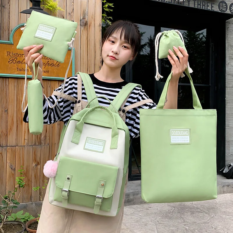 

2022 5Pcs/set Canvas School Bag For Teenager Girls Student Larger Capacity Women Travel School Laptop Backpacks Female Book Bag