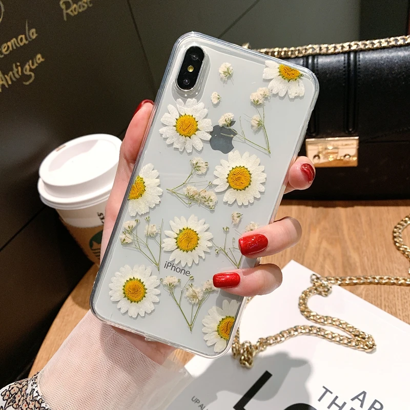 Чехол для телефона с высушенными прессованными цветами iPhone 11 X XS Max XR 6 6s 7 8 Plus Pro