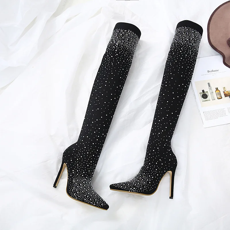

Black Elastic Slim Fit Over The Knee Boots Women Autumn Winter Sexy ladies high heel Diamond Blingbling Long Thigh High botas