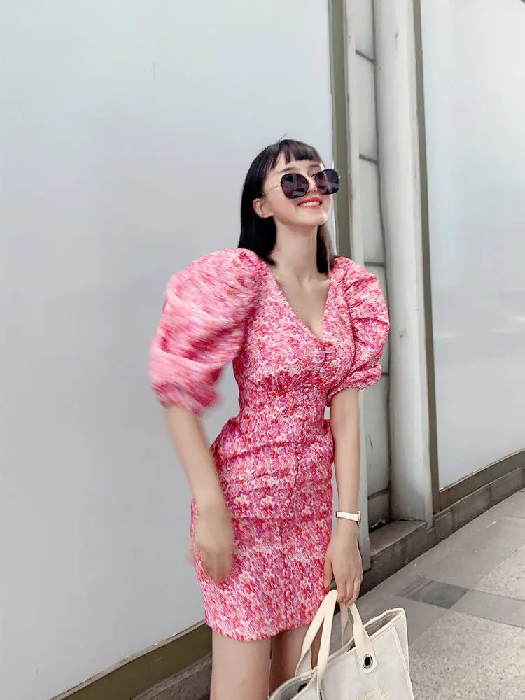 

Summer Dress Women Short Puff Sleeve Flroal Printed Ruched Party High Split Maxi Dresses Drawstring Sexy Vestidos Sundres PD155
