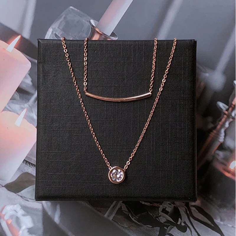 

Trend Rose Gold Round Crystal Double Layer Chain Necklace for Women Pendant Original Design Jewelry AAA Zirconia Choker Gift Hot