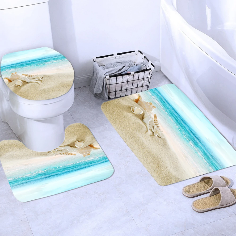 New Starfish Shell Bathroom Curtain Summer Shower Curtains Sets Non Slip Beach Style Pattern Toilet Polyester Cover Mat Set | Дом и сад