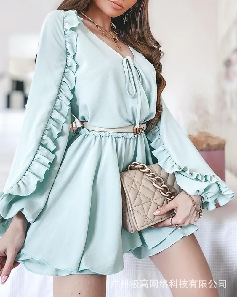 

Ladies long-sleeved jumpsuit, new women's casual fashion summer blue V-neck fungus side, long-sleeved jumpsuit