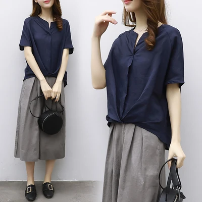 

2020 Summer Loose Plus Size Two Piece Set Cotton And Linen Wide Leg Pants Outfits For Women Casual Clothes For Woman 2 Peice Set