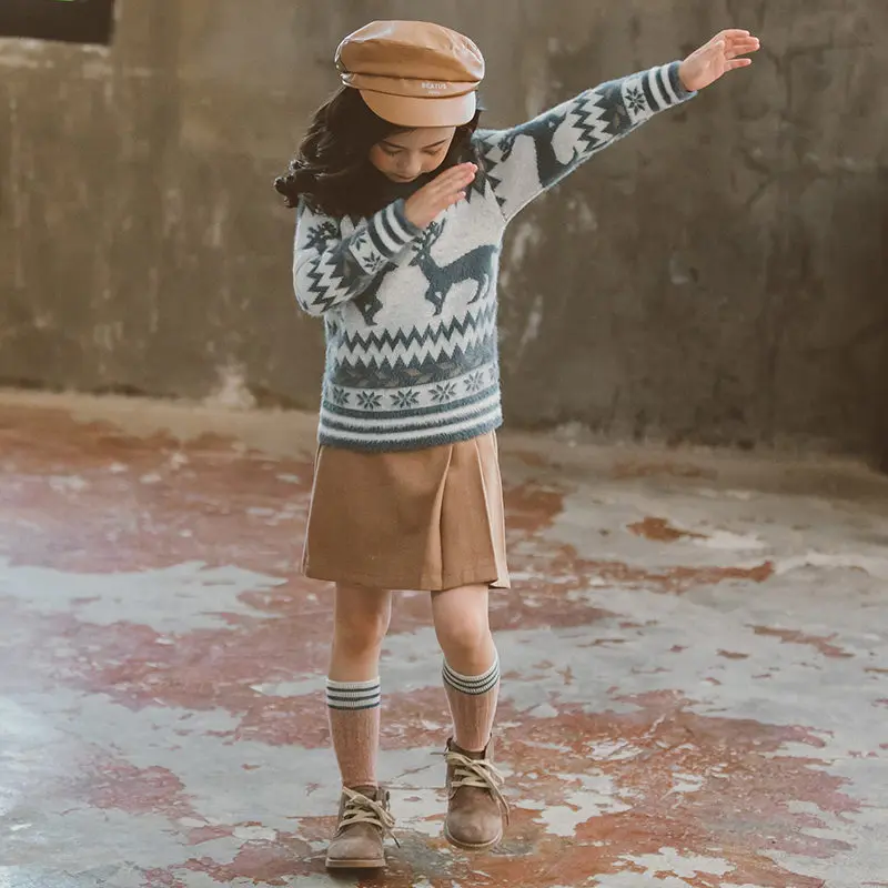 Детский свитер с оленем Новогодняя одежда для маленьких девочек облегающая