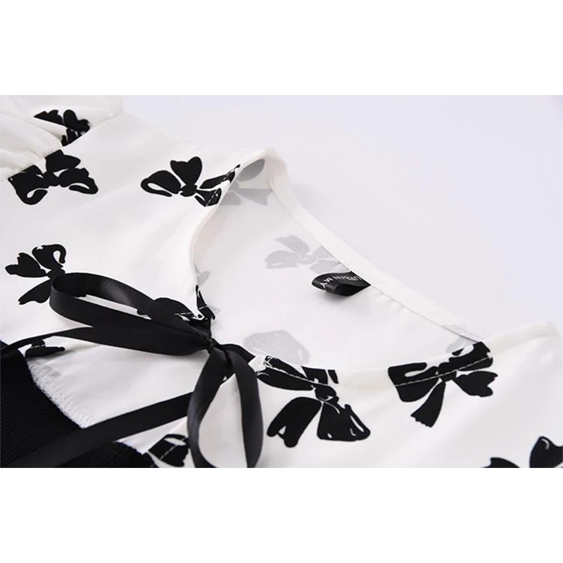 

French Vintage Dress Women Summer Korean Elegant O Neck Hollow Lace-Up High Waist Patchwork Puff Sleeve Printed Dress Female