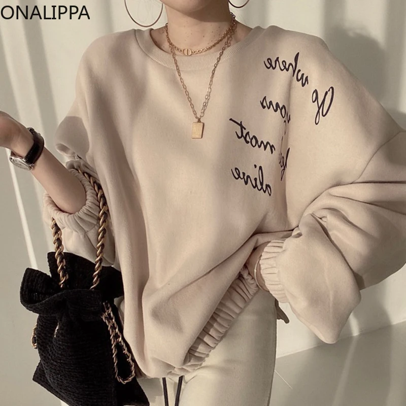 

Женская толстовка ONALIPPA, корейский шикарный осенний пуловер с круглым вырезом и буквенным принтом, свободная повседневная толстовка с рукав...