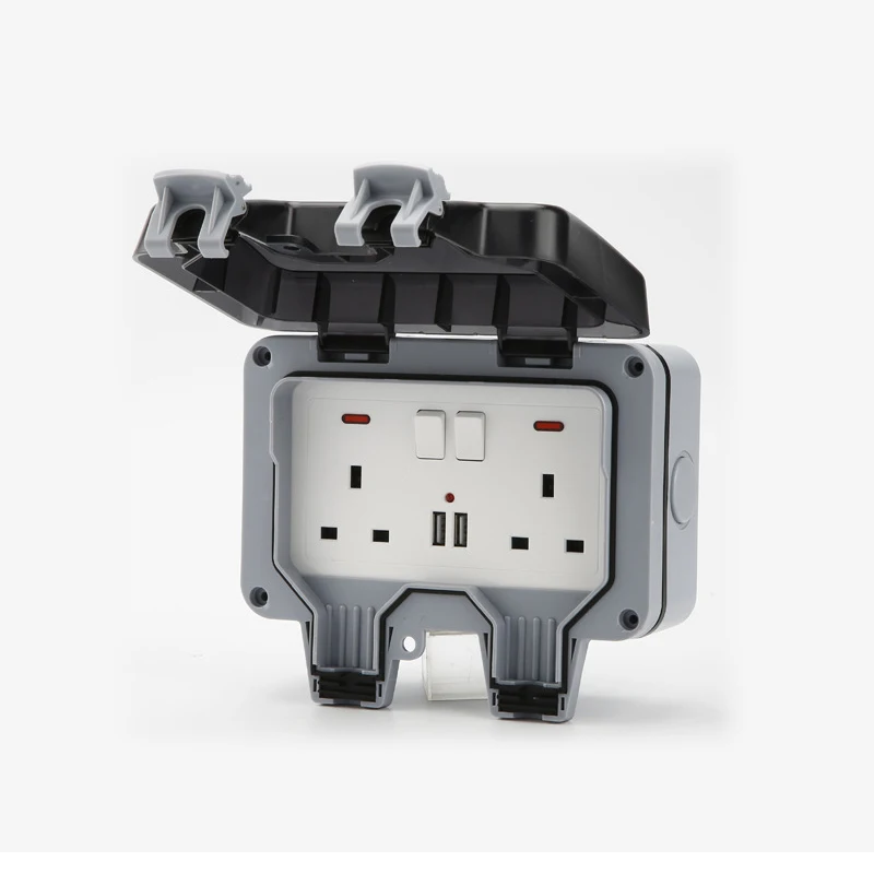 

IP66 Waterproof Outdoor Wall Socket Box 16A Double UK /DE/FR/US Switch Outlet With USB Charging Bathroom Port Power Strip
