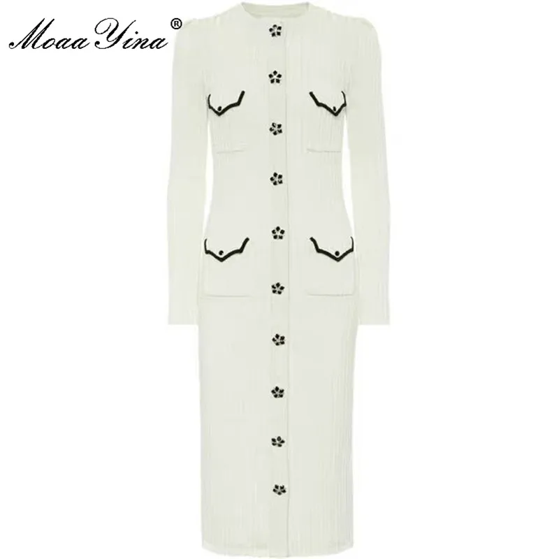 

MoaaYina 2021 New Summer Fashion Designer Dresses Women's Long sleeve Single-breasted Beading cream color/Red Slim Midi Dress