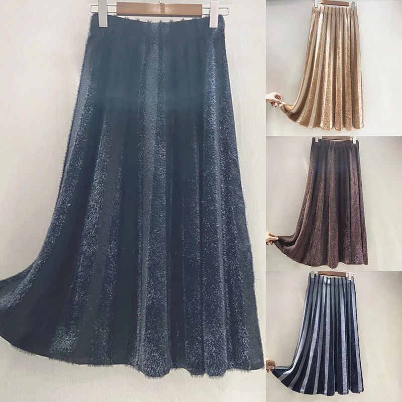 

Autumn Winter Mink Velvet Stitched Knitted Skirt Female High-Waisted Striped A-Line Skirt Midi Umbrella Skirt