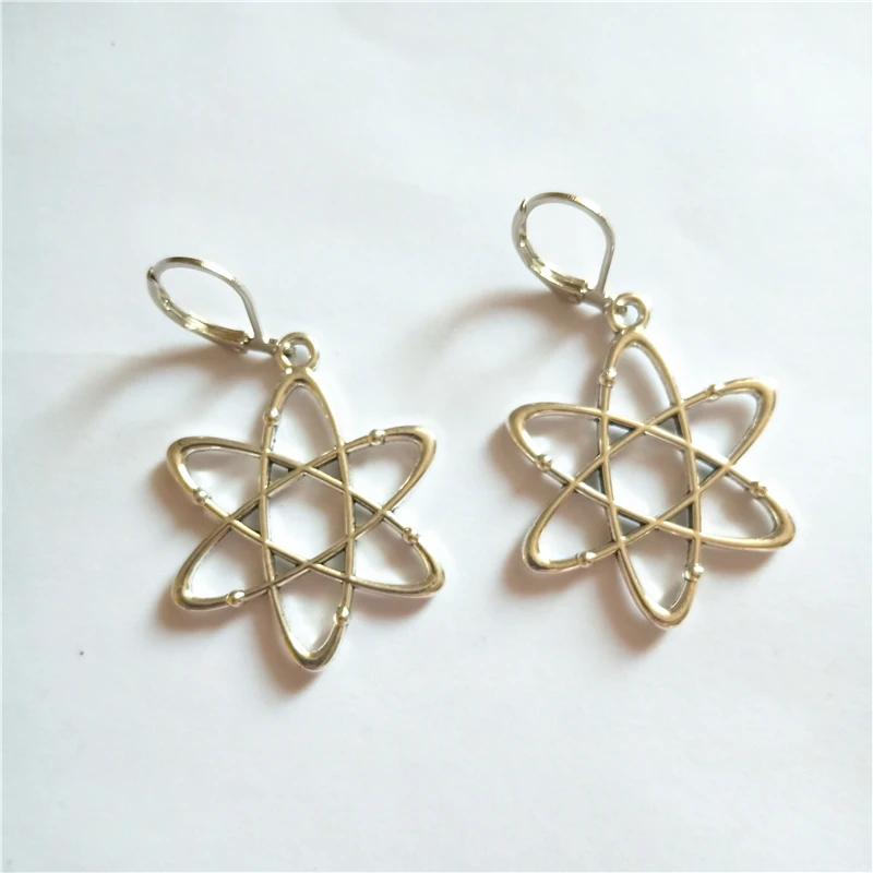 

3 Pairs of Atom Leverback Earrings, Flower Leverback Earrings, Punk Earrings, Big Dangle Earrings, Science lover jewelry