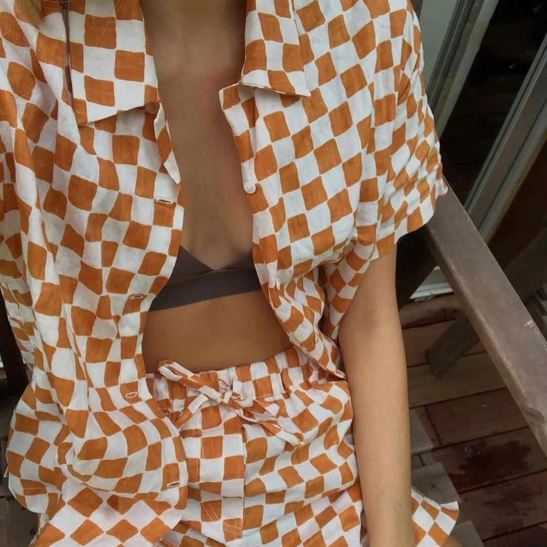 

Casual Women Lounge Wear Summer Plaid Tracksuit Shorts Set Short Sleeve Shirt Tops and Mini Shorts Suit Two Piece Set