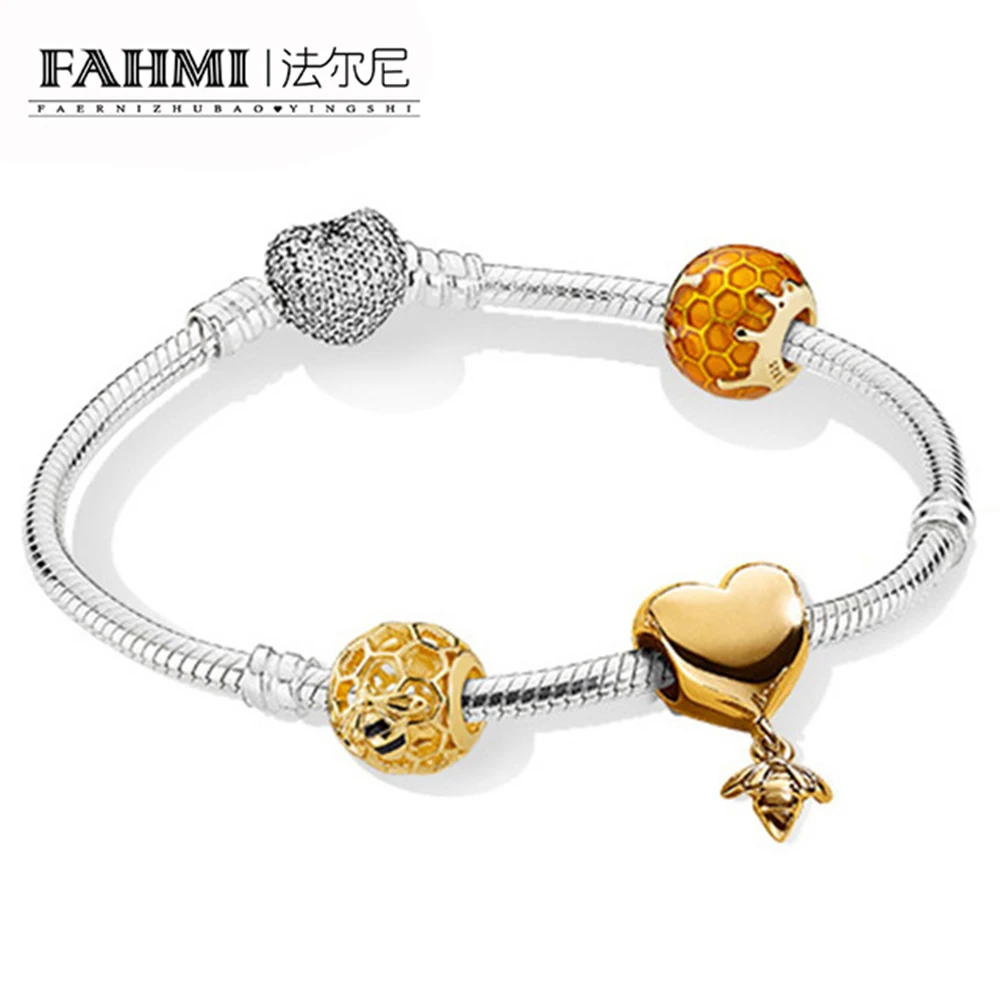 

FAHMI 100% 925 Sterling Silver New Bracelet Set Love And Bees 18K Gold Color Luxury Bracelet Suit Suitable DIY Gift