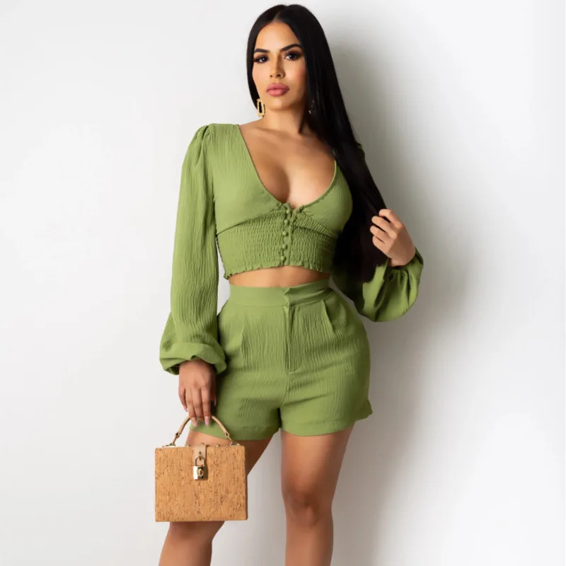 

2021 Fashion Solid Deep V Neck Button Crop Tops Shorts Sets Casual Sexy Women Suit Puff Sleeve Streetwear Two Piece Suit Outfits