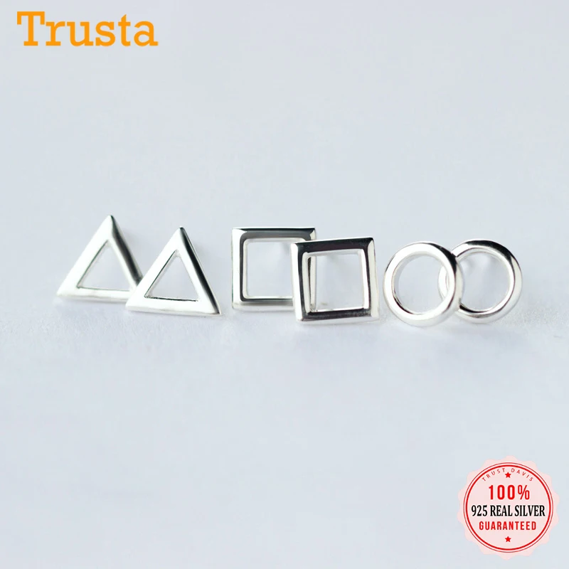 Серьги гвоздики Trusta из стерлингового серебра 100% пробы с круглыми и квадратными