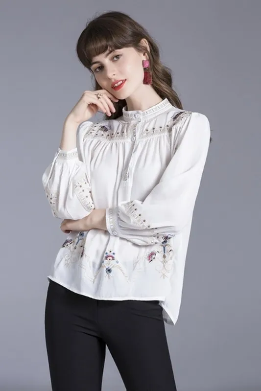 

Light luxury high-end casual chiffon shirt women 2021 new fashion retro boho style stand-up collar loose heavy industry embroide