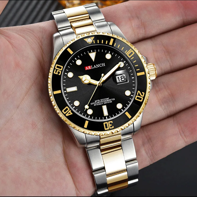 Relojes Роскошные золотые черные часы мужские Стальные кварцевые наручные для