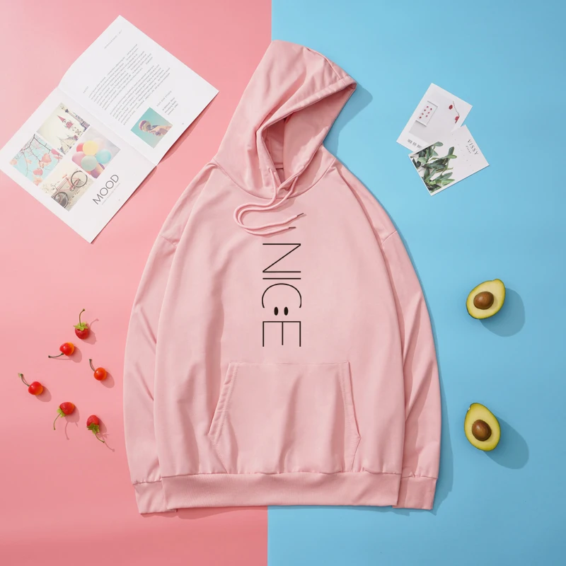

Kawaii Smile Face Letter NICE Printed Hooded Sweatshirt Women Casual Funny Harajuku Cotton Long Sleeve Autumn Pullover Mujer Top
