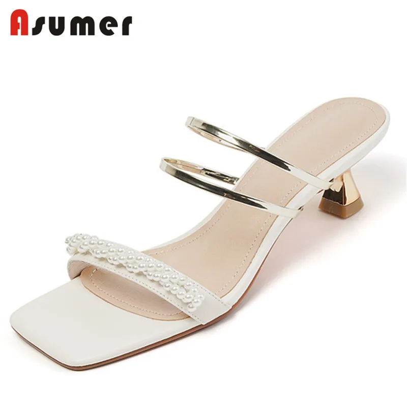 

Asumer 2021 New Arrive Sandals Women Shoes Top Quality Genuine Leather Sandals Pearl Thin High Heels Party Shoes Ladies