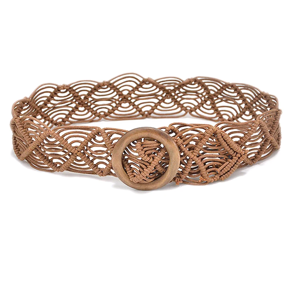 

Новый женский ремень ретро круглая деревянная Пряжка ручной работы плетеный Женский Пояс поясной ремень