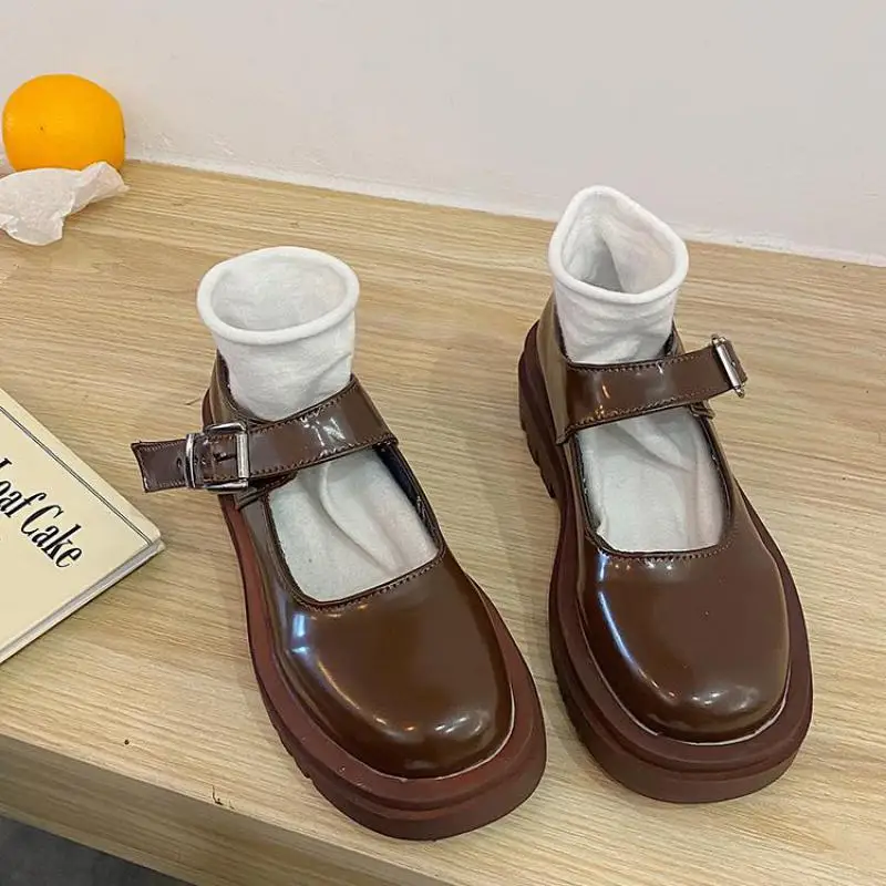 

Женские туфли с круглым носком, туфли-лодочки на плоской платформе, винтажные кожаные туфли с пряжкой, весна 2021