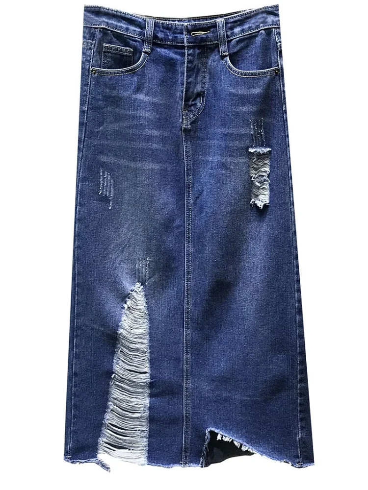 

Women Plus Size High Waist Thin Hollow Irregular Jean Skirts Spring Autumn Ripped Burr Midi Long Denim Skirt