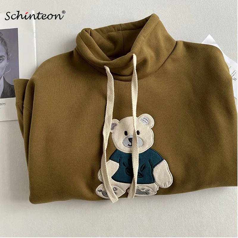 

2022 Schinteon Lovely Bear Hoodies Over Size Sweatshirt Stand Collar Casual Vintage Thick Fleece Warm Top Outwear Pockets