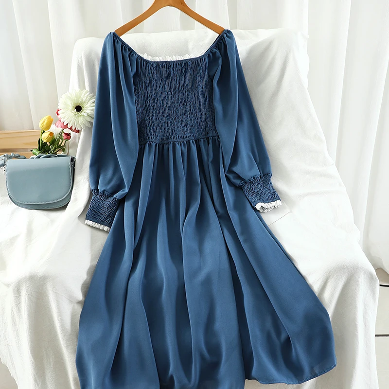 

2020 Women Summer Puff Sleeve Slash Neck Pleated Ruffles Dress Vintage Lady Elastic Slim Waist Pullover Party Chiffon Midi Dress
