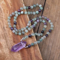 108 mala beads natural rainbow fluorite stone yoga necklace amethysts quartz point pendant knotted necklace for women n0245am