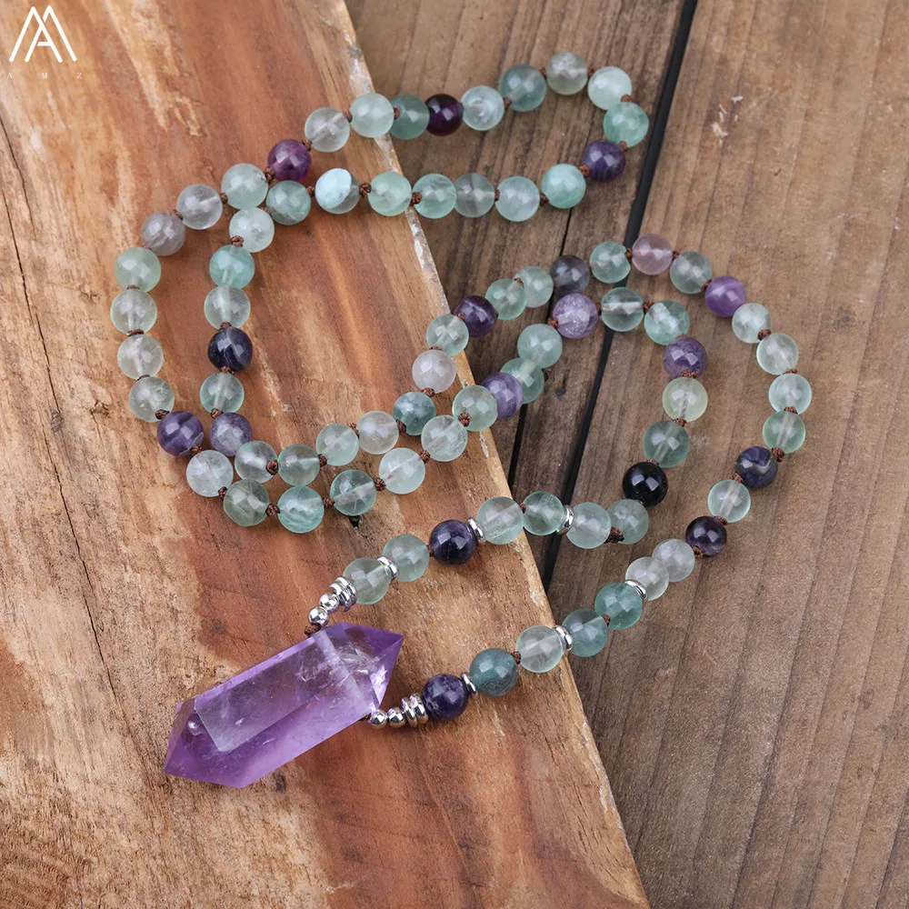 108 Mala Beads натуральный Радужный флюорит камень ожерелье для йоги аметист
