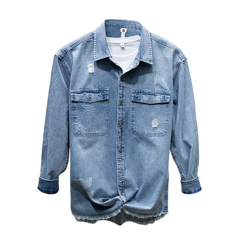 

Spring Autumn Shirt Men Denim Hole Ripped Jeans Shirt Male Long Sleeves Korean Clothes Casual Fashion Cotton Slim Fit Men Tops