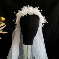 bridal pearl wedding headband headdress mesh belt hair retro lace flower fairy accessories