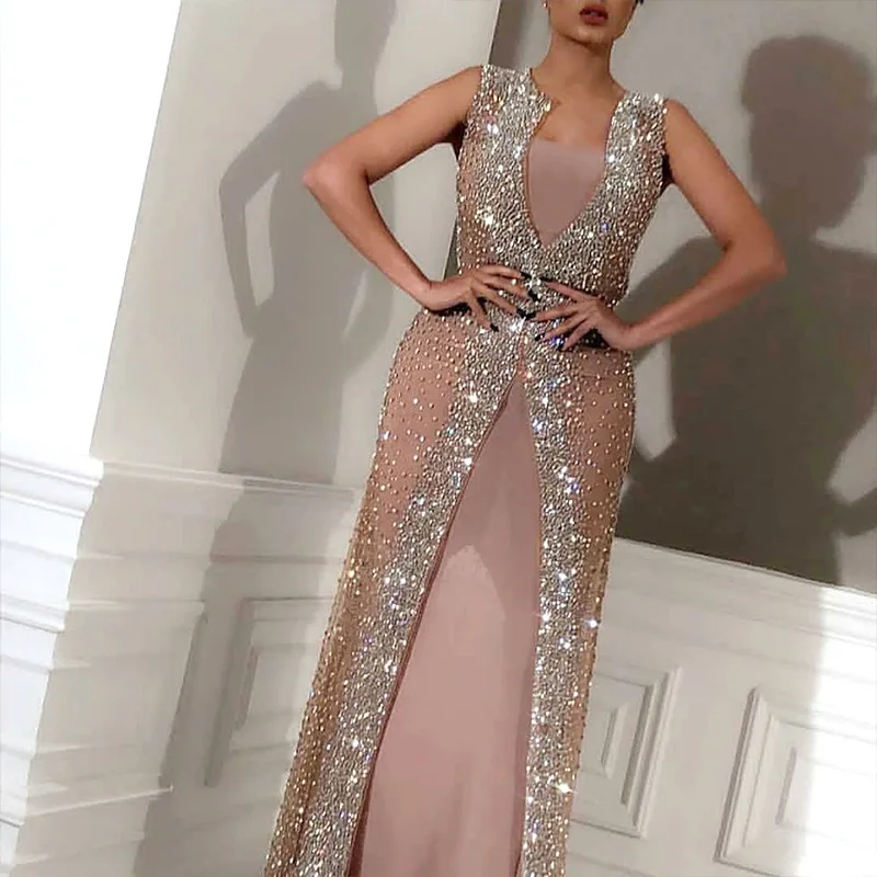 

2021 Luxury Pink Sparkle Two Pieces Arabic Dubai Evening Dresses Beaded Sequins Prom Party Gowns Formal Dress vestidos de noiva