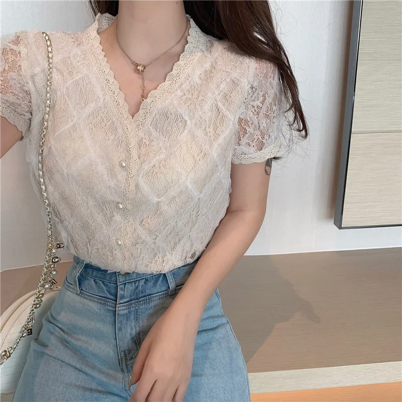 Женская кружевная блузка с V образным вырезом большого размера|Блузки| |