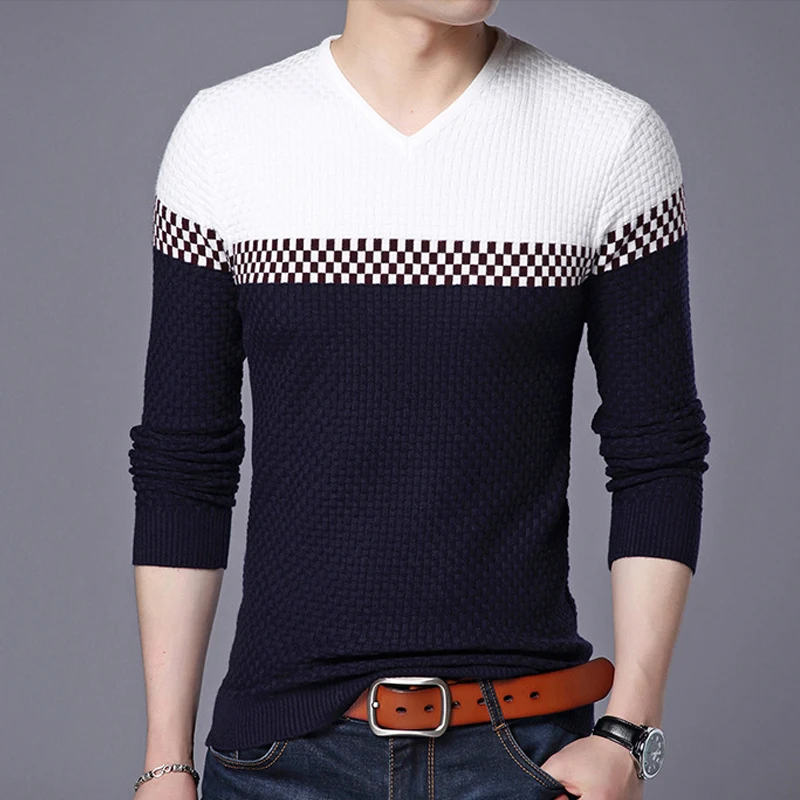 Мужской трикотажный пуловер с v-образным вырезом Повседневный хлопковый