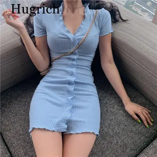 

2021 New Sexy Solid Color V-Neck Dress Wooden Ears Slim Bag Hip Dress Female Summer Single Breasted Casual Women's Dress