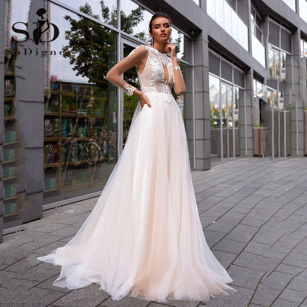 

SoDigne Champagne Boho Wedding Dresses Long Sleeves O Neck Lace Appliques Tulle Bridal Gowns Beach Wedding Party Dress