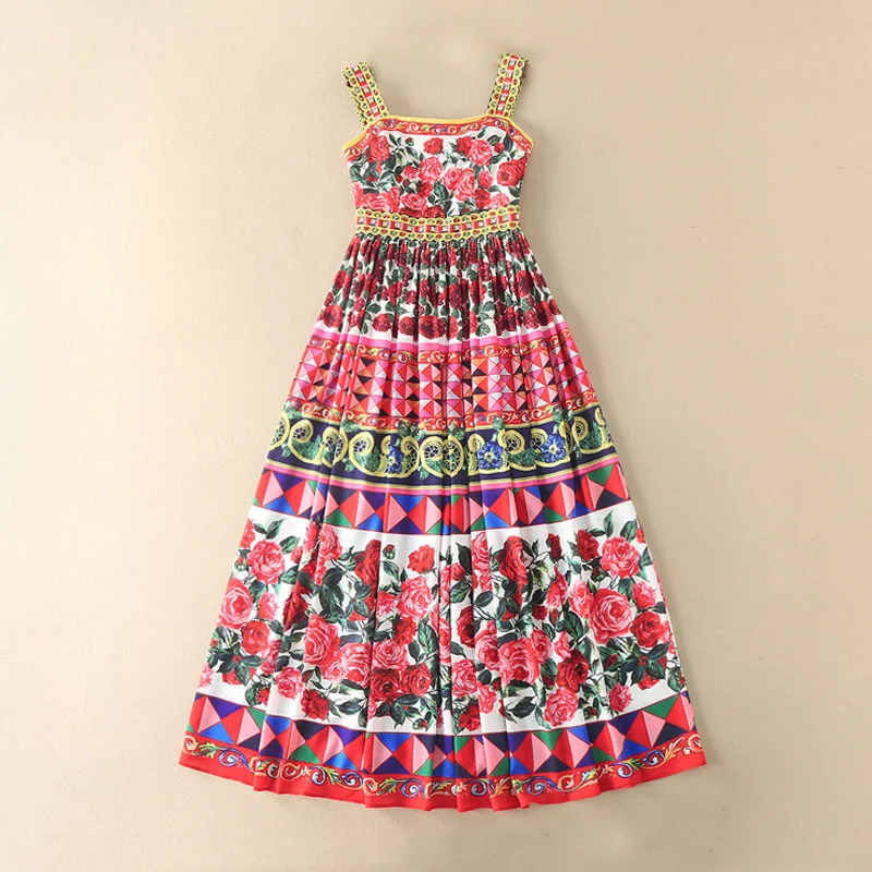 

Bohemian Red Floral Printed Women Luxury Elegant Ladies Sleeveless Summer Cotton Retro Vintage Bohemia Long Maxi Dress