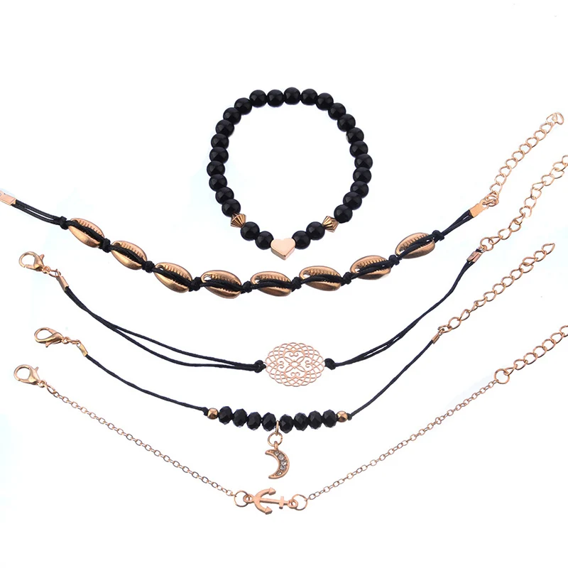 5 шт./компл. модный анкерный черный браслет наборы полых цветочных ракушек бусины